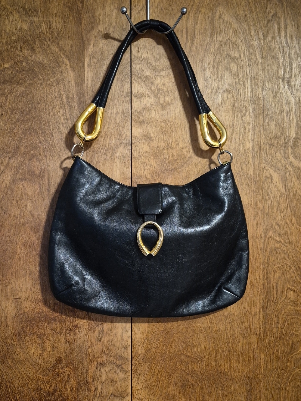Susan Gail Vintage 80's Black Leather Shoulder Bag with Gold Hardware